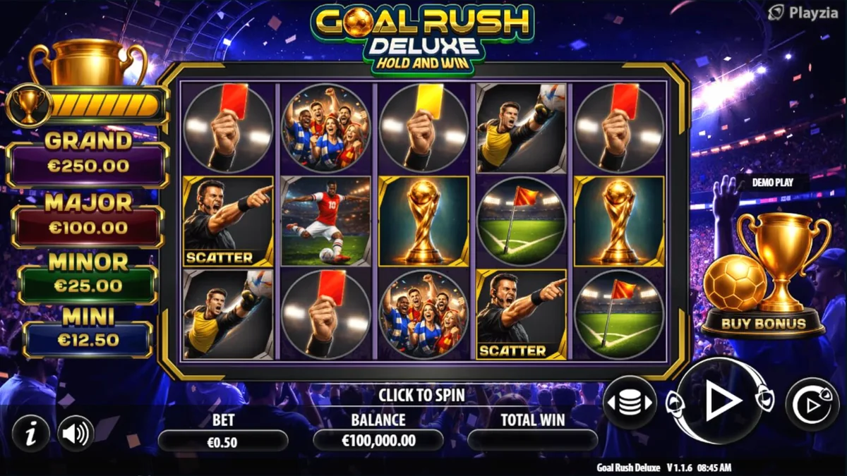 Interface do jogo Goal Rush Deluxe Hold and Win com tema de futebol e estádio ao fundo
