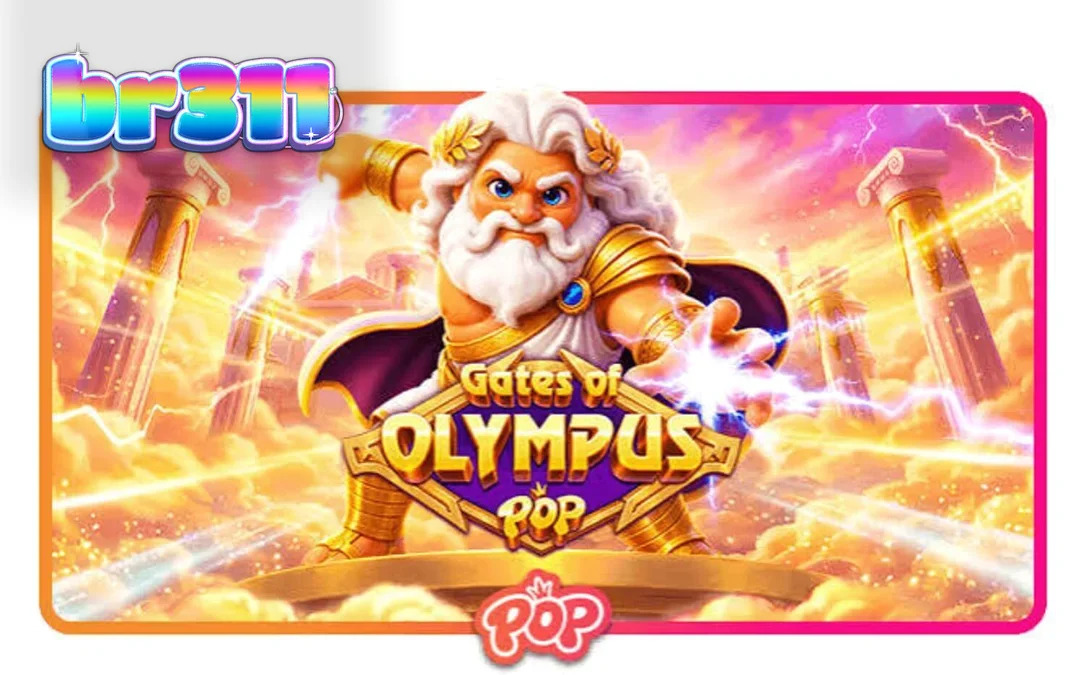 Interface do jogo Gates of Olympus POP com Zeus e símbolos de pedras preciosas